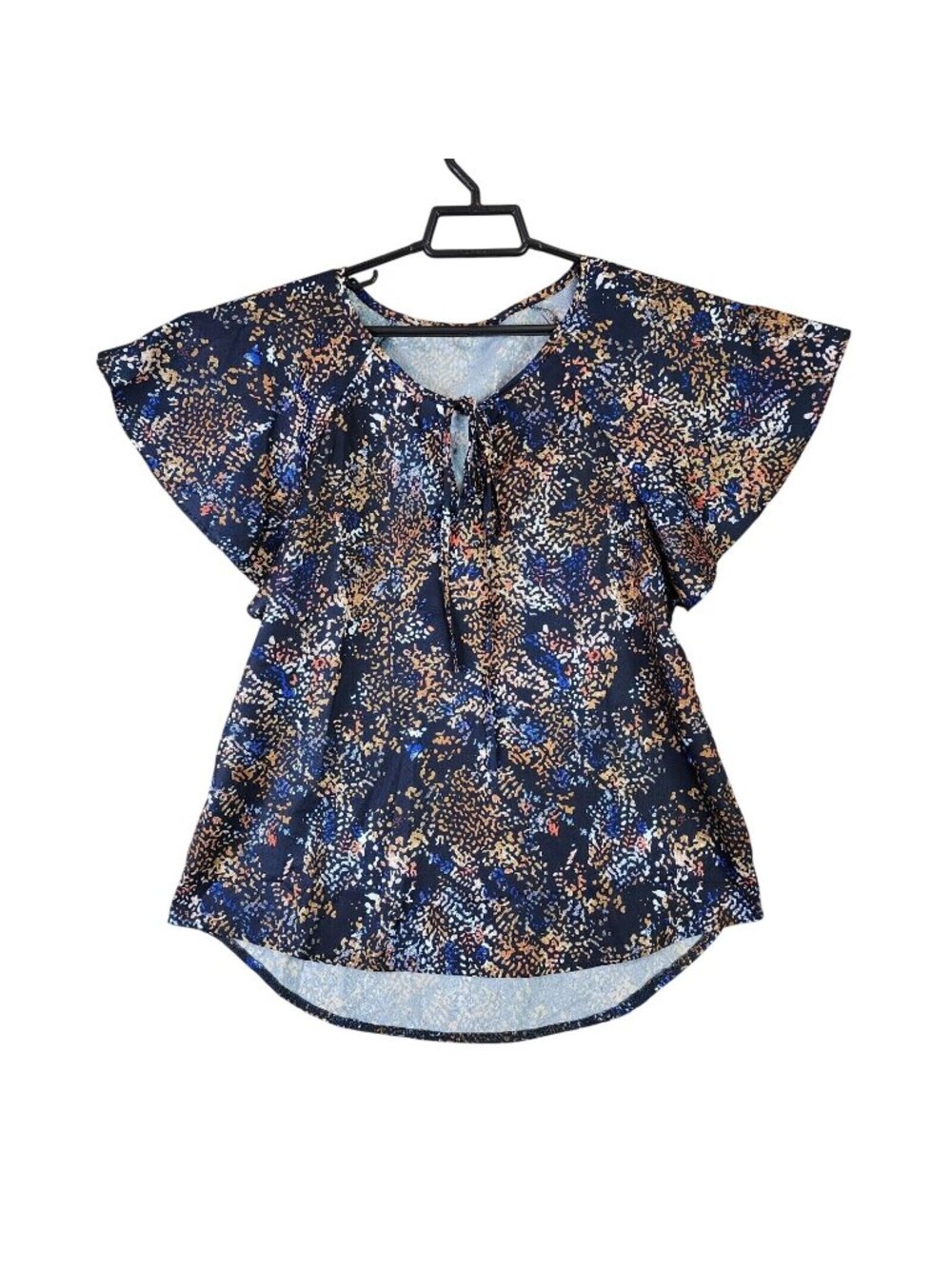 Womens Multicolor Front Tie Blouse Short Sleeve V Neck Polyester Size L